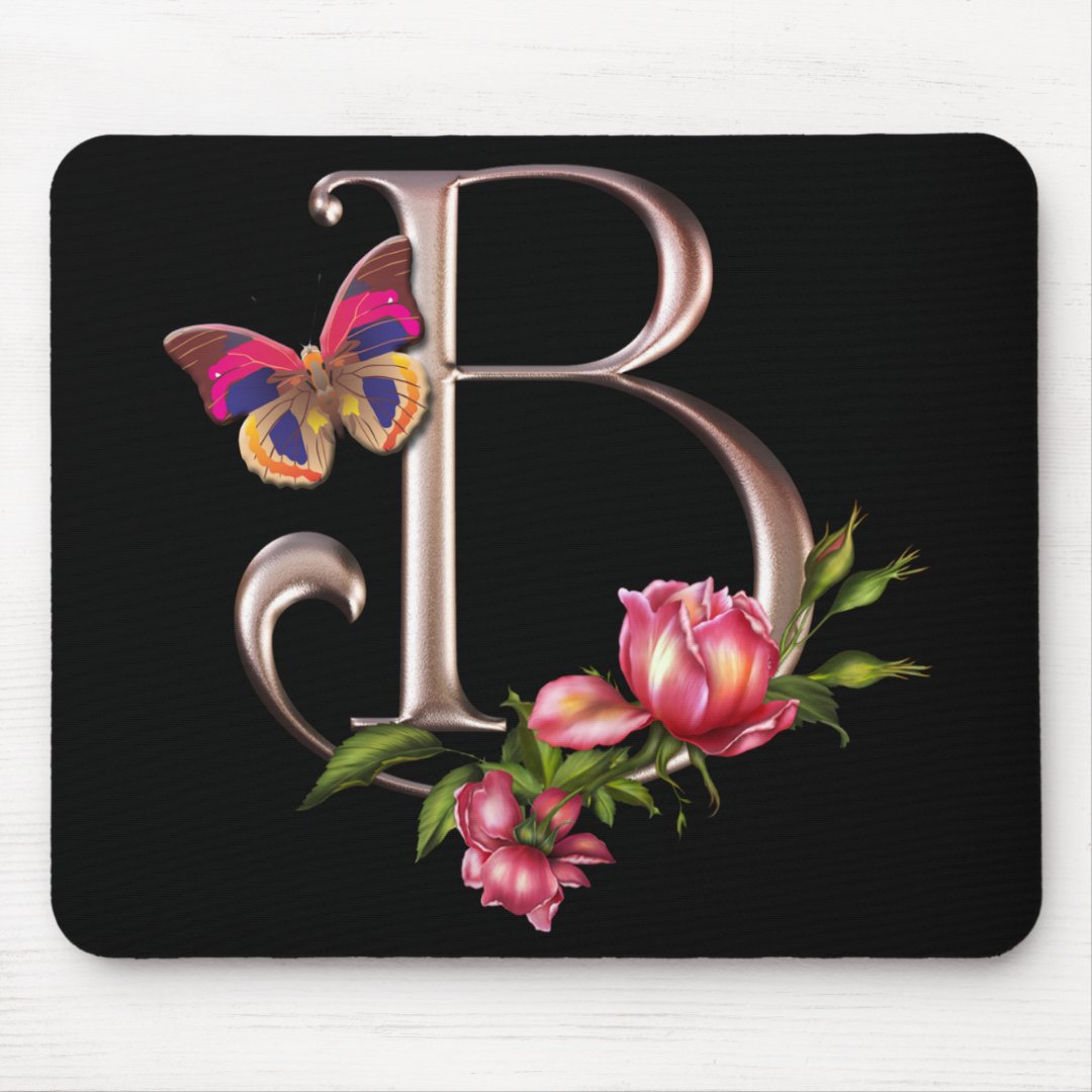 MONOGRAM LETTER B WITH ROSES AND BUTTERFLY MOUSE PAD | Zazzle