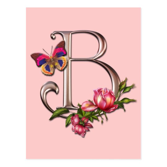 MONOGRAM LETTER B WITH ROSES AND BUTTERFLY POSTCARD | Zazzle.com