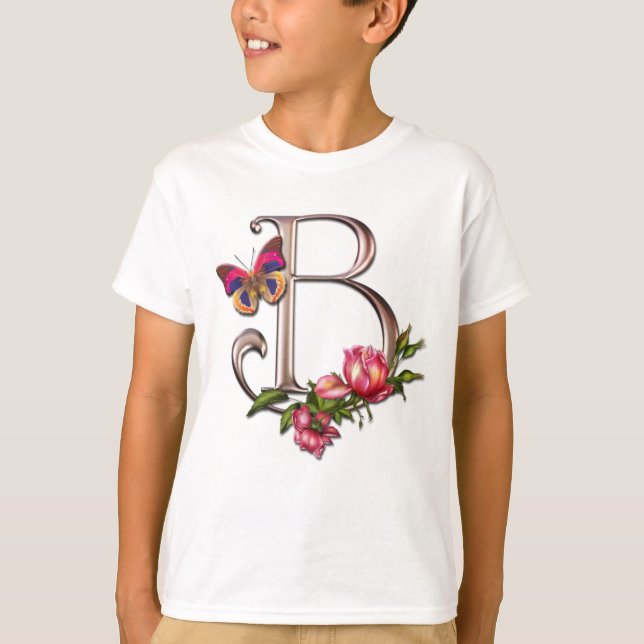 MONOGRAM LETTER B WITH ROSES AND BUTTERFLY T-Shirt (Front)