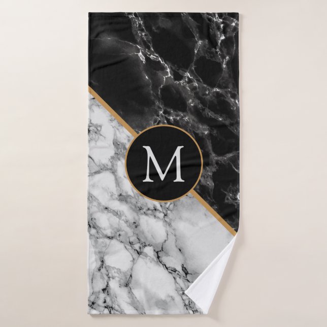 Monogram Letter Bath Towels Black White Marble (Bath Towel)