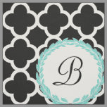 Monogram Letter Black Teal Quatrefoil Laurel Fabric