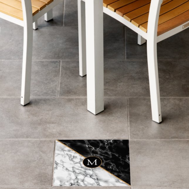 Monogram Letter Black White Marble Floor Decals (Restaurant)
