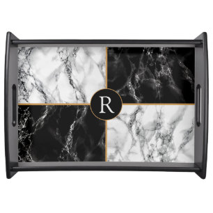 Monogram Letter Black White Marble Serving Tray