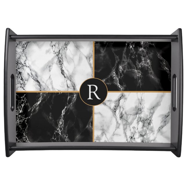 Monogram Letter Black White Marble Serving Tray (Front)