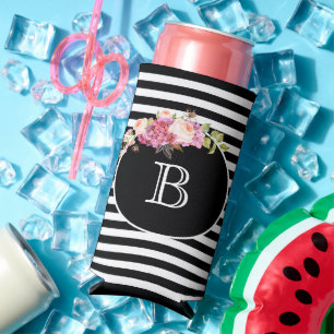 Monogram Letter Black & White Stripes Custom Seltzer Can Cooler