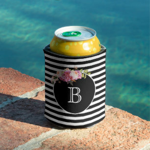Monogram Letter Black & White Stripes Personalized Can Cooler