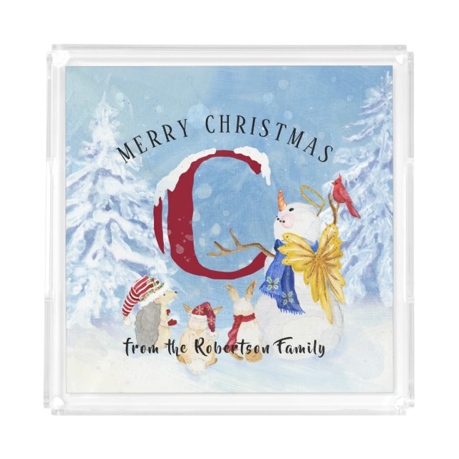 Monogram Letter C Snowy Christmas Angel Snowman Acrylic Tray (Front)