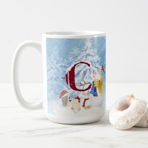 Monogram Letter C Snowy Christmas Angel Snowman Coffee Mug