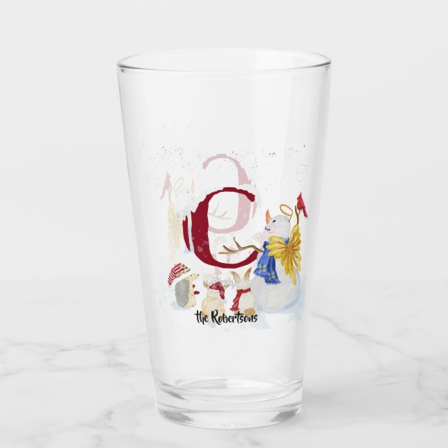 Monogram Letter C Snowy Christmas Angel Snowman Glass (Back)