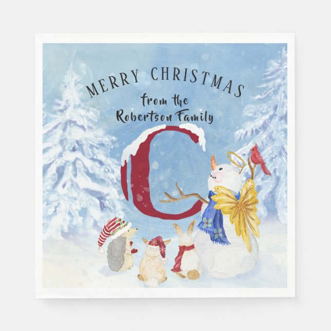 Monogram Letter C Snowy Christmas Angel Snowman Napkins (Front)