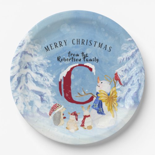 Monogram Letter C Snowy Christmas Angel Snowman Paper Plates