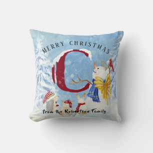 Monogram Letter C Snowy Christmas Angel Snowman Throw Pillow