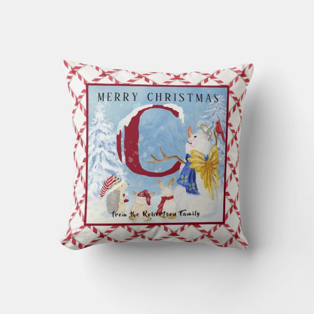 Monogram Letter C Snowy Christmas Angel Snowman Throw Pillow (Front)