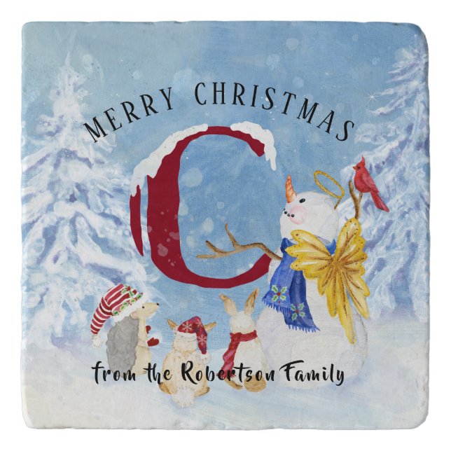 Monogram Letter C Snowy Christmas Angel Snowman Trivet (Front)