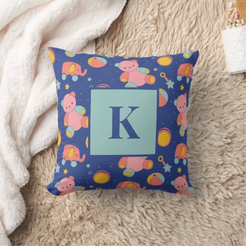 Monogram Letter Cute Children Toys Pattern Throw Pillow