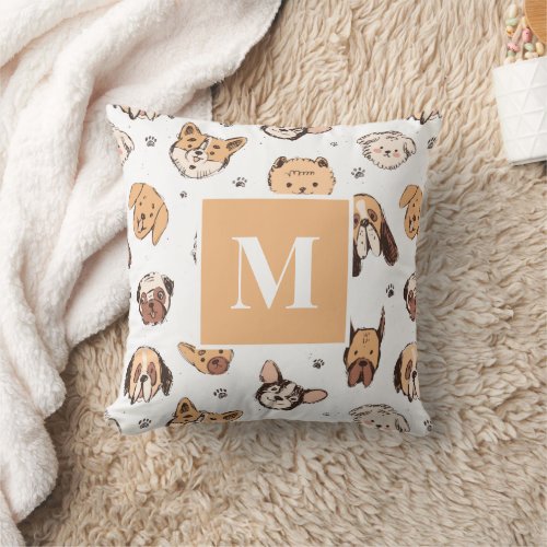 Monogram Letter Cute Doodle Dog Pattern Dog Lover Throw Pillow