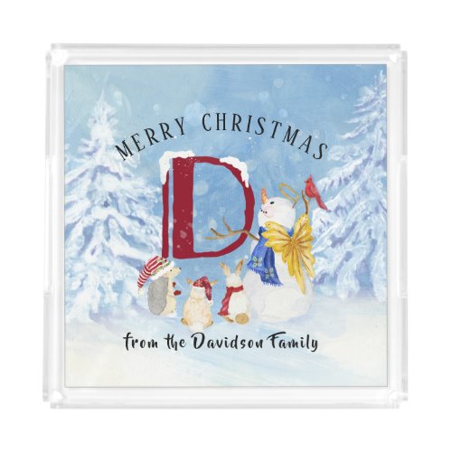 Monogram Letter D Cute Angel Snowman Christmas Acrylic Tray