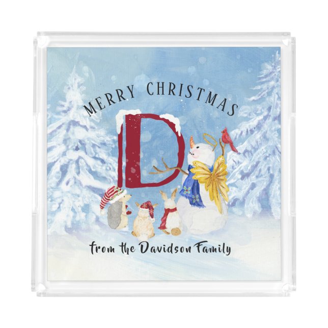 Monogram Letter D Cute Angel Snowman Christmas Acrylic Tray (Front)