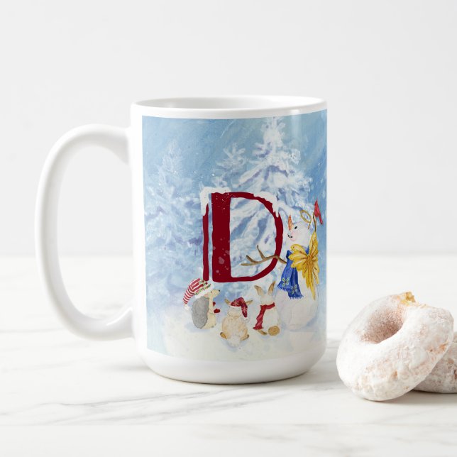 Monogram Letter D Cute Angel Snowman Christmas Coffee Mug (With Donut)