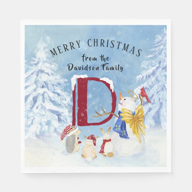 Monogram Letter D Cute Angel Snowman Christmas Napkins (Front)
