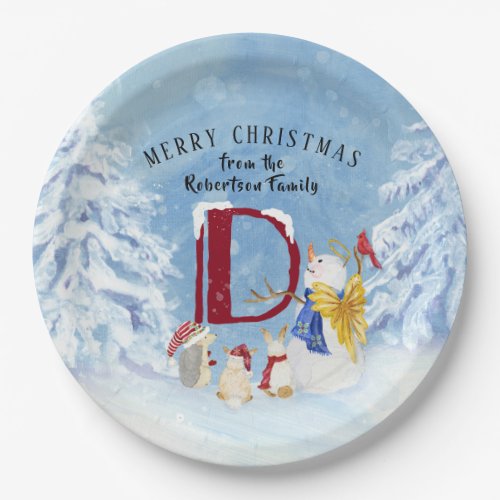 Monogram Letter D Cute Angel Snowman Christmas Paper Plates