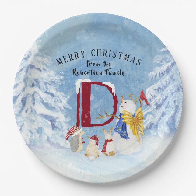 Monogram Letter D Cute Angel Snowman Christmas Paper Plates (Front)
