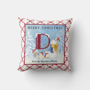 Monogram Letter D Cute Angel Snowman Christmas Throw Pillow