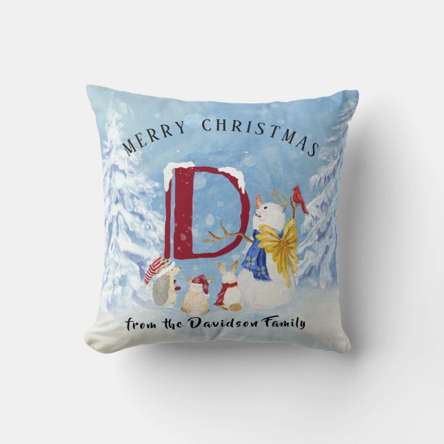 Monogram Letter D Cute Angel Snowman Christmas Throw Pillow (Front)
