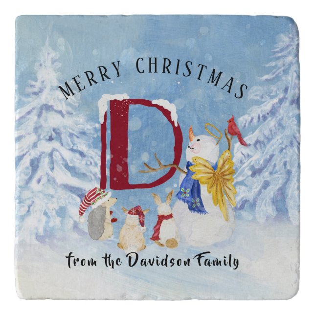 Monogram Letter D Cute Angel Snowman Christmas Trivet (Front)