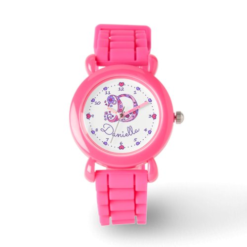 Monogram letter D doodle heart girls name watch