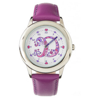 Monogram letter D doodle heart girls watch
