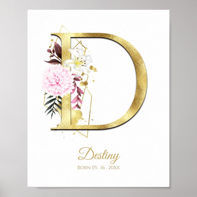 Monogram Letter D Gold Foil & Pink Floral Nursery Poster (Front)