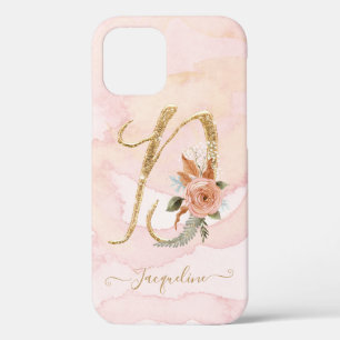 Monogram Letter D Gold Script Watercolor Floral iPhone 12 Case