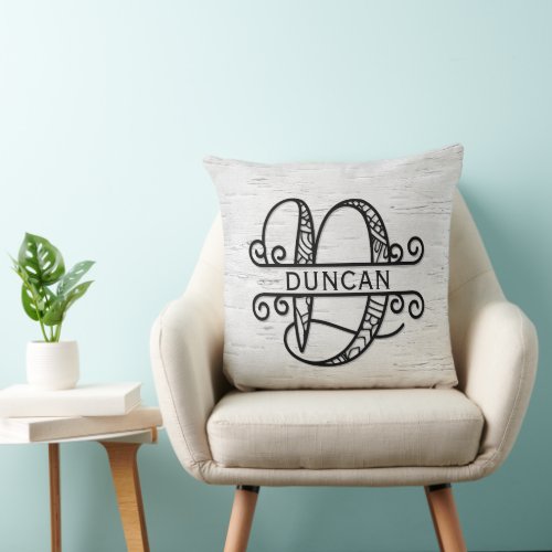 Monogram Letter D with Family Name Throw Pillow