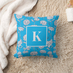 Monogram Letter Daisy Flower Doodle Floral Pattern Throw Pillow