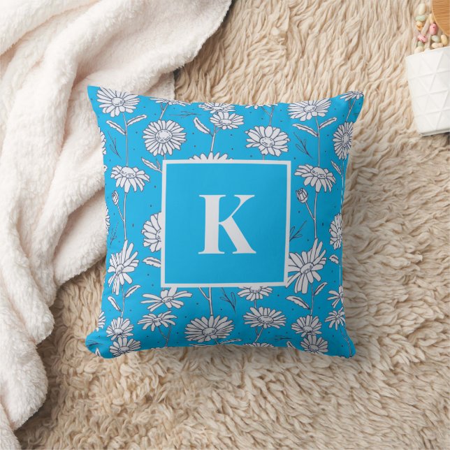 Monogram Letter Daisy Flower Doodle Floral Pattern Throw Pillow (Blanket)