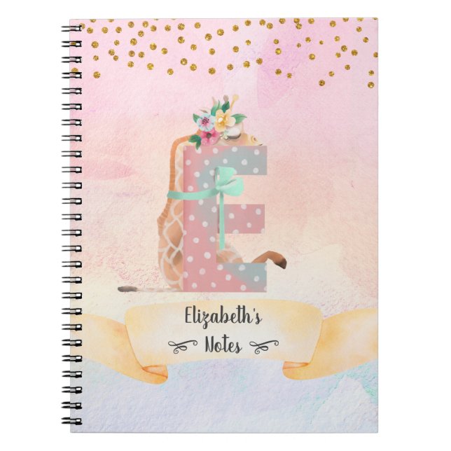 Monogram Letter E Baby Giraffe Girl Daily Diary Notebook (Front)