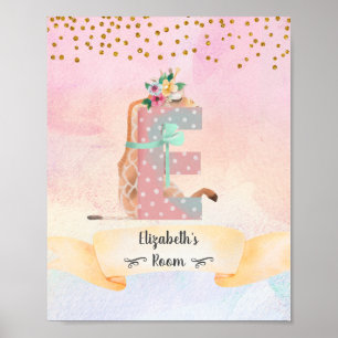 Monogram Letter E Baby Giraffe Girl Nursery Poster