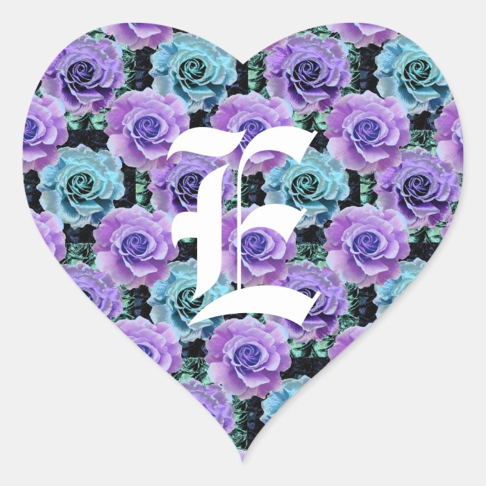 Monogram Letter E Blue Roses Heart Sticker