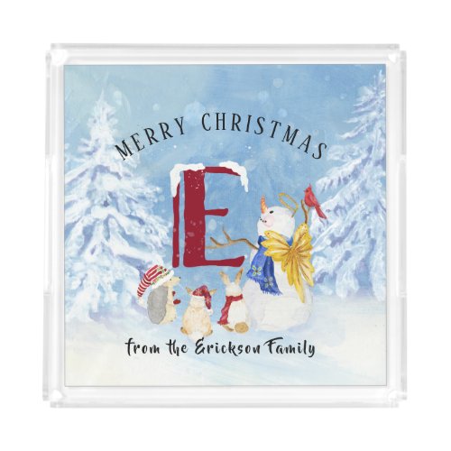 Monogram Letter E Christmas Snowman Angel Woodland Acrylic Tray