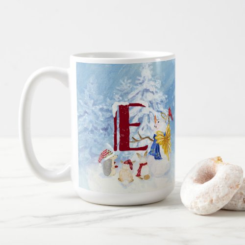 Monogram Letter E Christmas Snowman Angel Woodland Coffee Mug