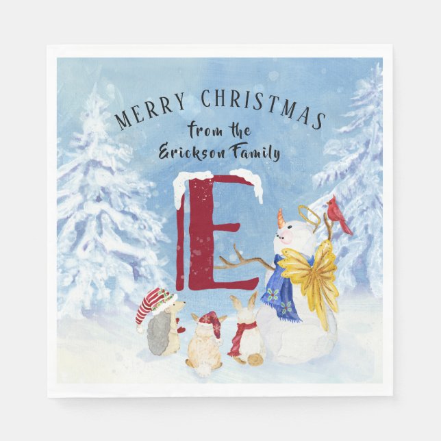 Monogram Letter E Christmas Snowman Angel Woodland Napkins (Front)