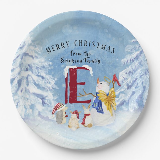 Monogram Letter E Christmas Snowman Angel Woodland Paper Plates (Front)