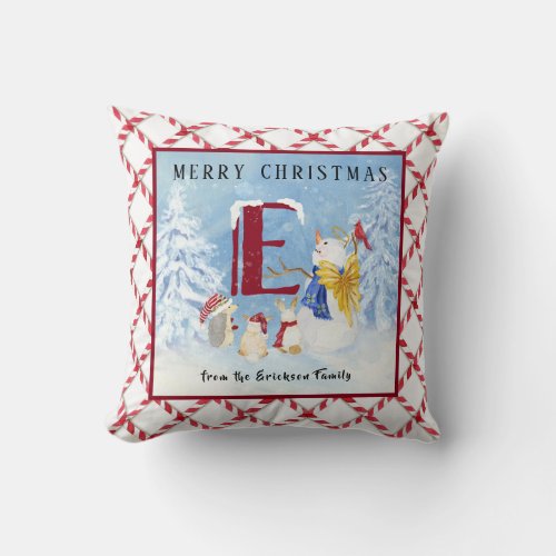 Monogram Letter E Christmas Snowman Angel Woodland Throw Pillow