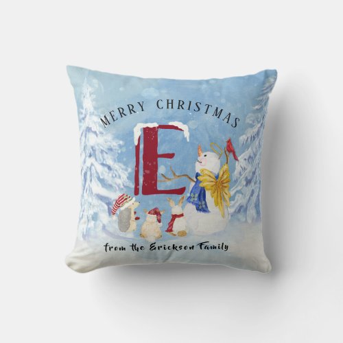 Monogram Letter E Christmas Snowman Angel Woodland Throw Pillow