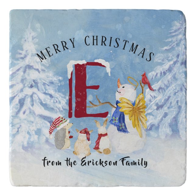 Monogram Letter E Christmas Snowman Angel Woodland Trivet (Front)