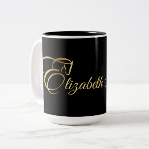 Monogram Letter E Horse in gold color Two-Tone Coffee Mug