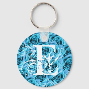 Monogram Letter E Ice Blue Roses Keychain by ggbythebay at Zazzle