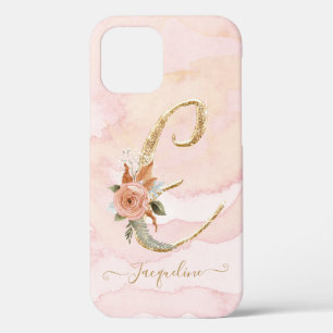 Monogram Letter E Script Gold Watercolor Floral iPhone 12 Case