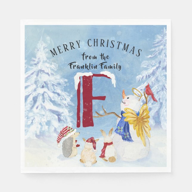 Monogram Letter F Adorable Angel Snowman Forest Napkins (Front)
